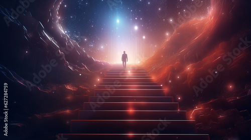 renderização 3D de um homem brilhante subindo os degraus no espaço astral photo