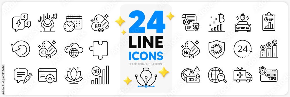 Icons set of Report, Cobalamin vitamin and Graph chart line icons pack for app with Internet search, Ambulance car, Coronavirus thin outline icon. Chlorine mineral, Quick tips, Lotus pictogram. Vector