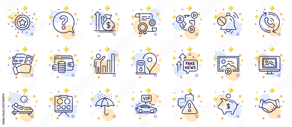 Outline set of Photo thumbnail, Mute sound and Question mark line icons for web app. Include Start presentation, Vision board, Warning pictogram icons. Construction document, Handshake. Vector Outline set of Photo thumbnail, Mute sound and Question mark line icons for web app. Include Start presentation, Vision board, Warning pictogram icons. Construction document, Handshake. Vector