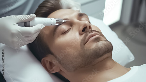 Closeup Procedure of induction therapy with microneedles and collagen on the male face. 