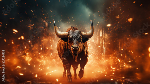 Um touro de frente para a câmera em cena cinematográfica realista com partículas de fogo, conceito de negociação no mercado