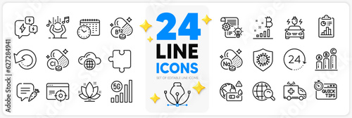 Icons set of Report, Cobalamin vitamin and Graph chart line icons pack for app with Internet search, Ambulance car, Coronavirus thin outline icon. Chlorine mineral, Quick tips, Lotus pictogram. Vector