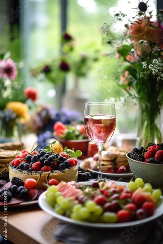 Exquisite Table Setting Adorned with Fresh Fruits and Flowers - AI generated