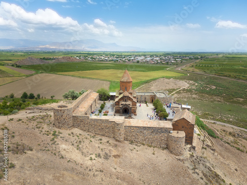 Drone view of Khor Virap Monastery in Armenia on a sunny day