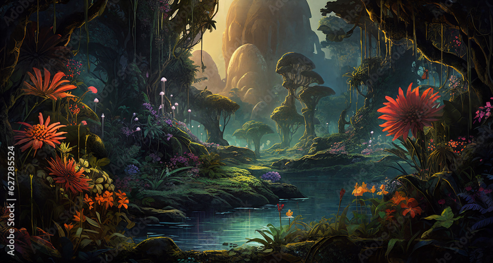 In a fantasy forest, a tranquil river winds its way through vibrant flowers. AI Generative.