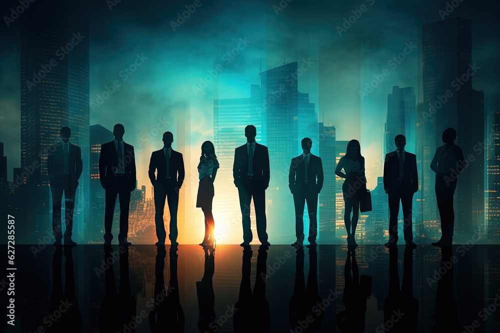 Silhouettes of business people standing in front of the city background.Generative Ai Silhouettes of business people standing in front of the city background.Generative Ai