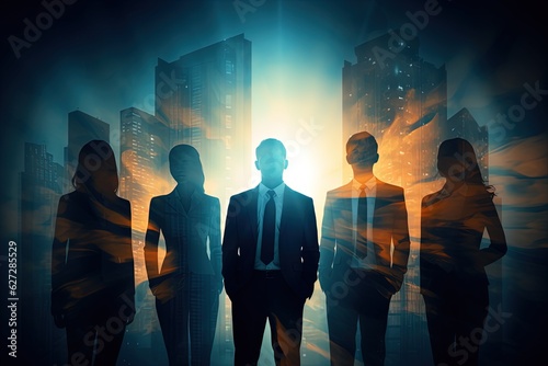 Silhouettes of business people standing in front of the city background.Generative Ai