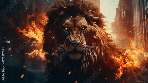 rei leão de frente para a câmera em cena cinematográfica realista com partículas de fogo, conceito de negociação no mercado