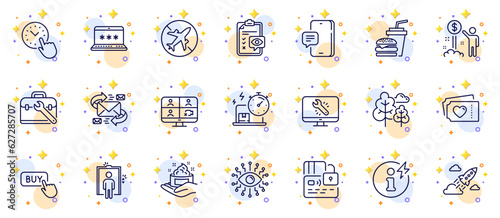 Outline set of Elevator, Phone message and Skin care line icons for web app. Include Video conference, Startup rocket, Tree pictogram icons. Artificial intelligence, Time management. Vector