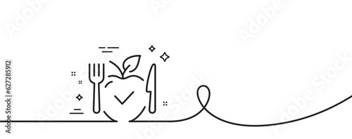 Vegetarian food line icon. Continuous one line with curl. Vegan meal sign. Apple fruit symbol. Vegetarian food single outline ribbon. Loop curve pattern. Vector