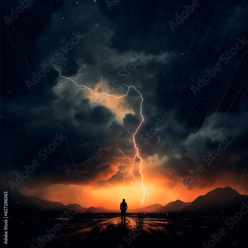 A person is facing her or his fears under the lightning sky