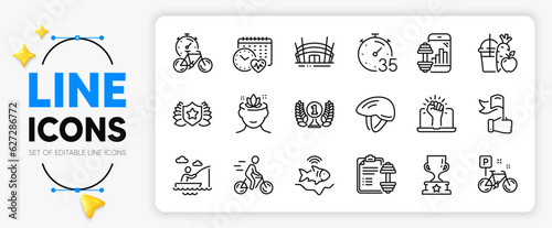 Bicycle helmet, Yoga mind and Laureate award line icons set for app include Fishfinder, Bike, Winner cup outline thin icon. Fitness app, Cardio calendar, Juice pictogram icon. Bike timer. Vector