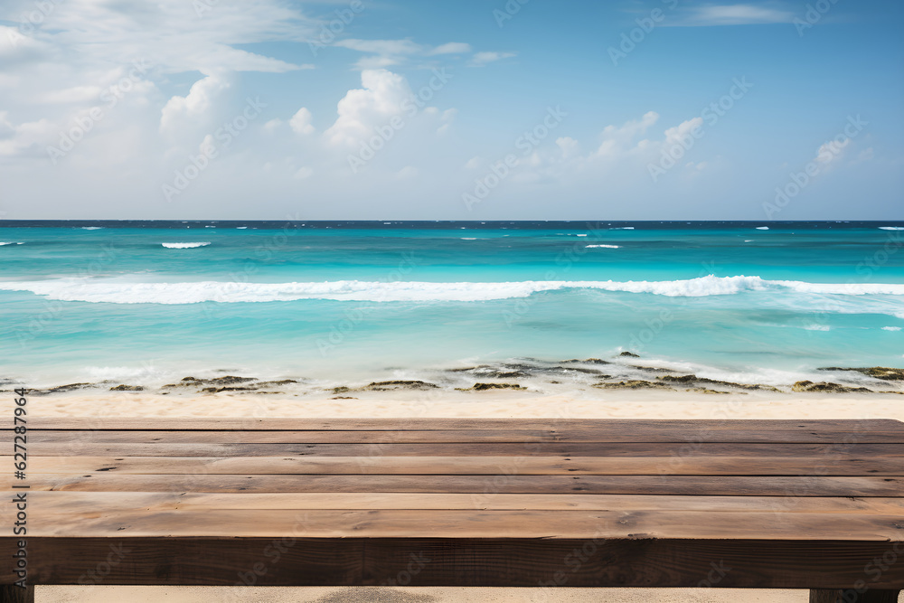 Fototapeta premium Empty Wooden Table by the Beach and Sea