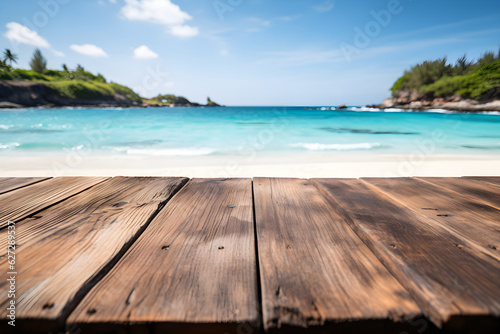 Empty Wooden Table with Seaside Background © ITrWorks