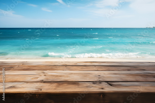 Wooden Table with Beach and Sea Ambiance