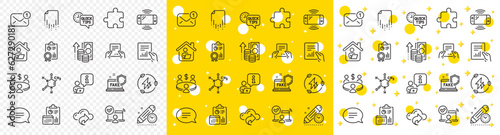 Outline Receive file, Document and Inflation line icons pack for web with Green electricity, Puzzle, Online access line icon. Project deadline, Meeting, Interview pictogram icon. Vector