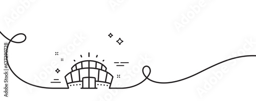 Arena stadium line icon. Continuous one line with curl. Sport complex sign. Championship building symbol. Arena stadium single outline ribbon. Loop curve pattern. Vector