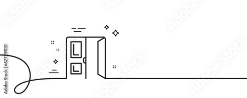 Open door line icon. Continuous one line with curl. Entrance doorway sign. Building exit symbol. Open door single outline ribbon. Loop curve pattern. Vector