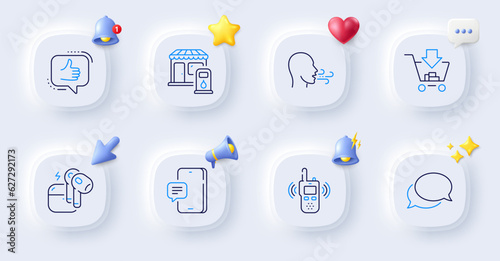 Phone message, Messenger and Headset line icons. Buttons with 3d bell, chat speech, cursor. Pack of Breathing exercise, Filling station, Like icon. Shopping, Transmitter pictogram. Vector
