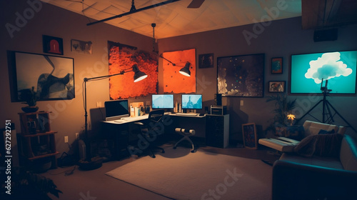 zoom background of a home office studio with screens lights and computers, teal, and orange photo