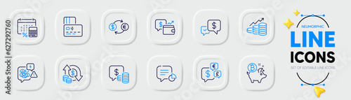 Change money, Annual tax and Coins line icons for web app. Pack of Currency exchange, Money currency, Card pictogram icons. Payment received, Wallet, Statistic signs. Stress. Vector
