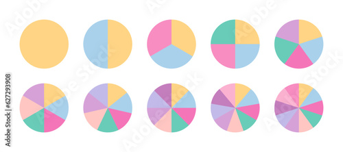 Circular structure chart divided into multicolor segments. Piechart with segments and slices. Ring section template. Circle graph. Pie diagram. Set schemes with sectors. Vector illustration