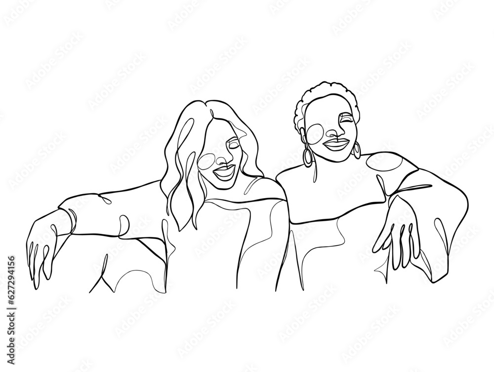 Fototapeta premium Continuous one line drawing of girl best friends illustration. Vector illustration.