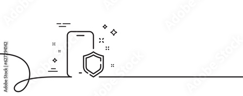 Phone protect line icon. Continuous one line with curl. Smartphone shield sign. Safe cellphone symbol. Phone protect single outline ribbon. Loop curve pattern. Vector