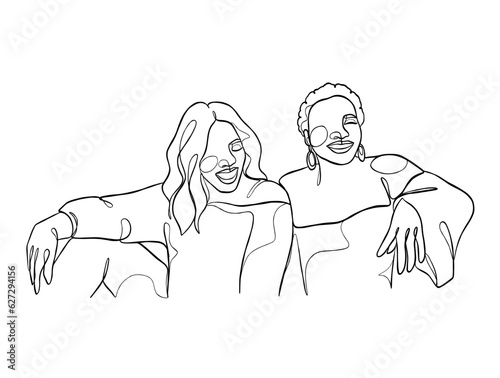 Continuous one line drawing of girl best friends illustration. Vector illustration.
