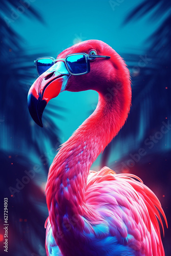 pink flamingo with sunglasses standing, neon retro style, light crimson and dark azure, close-up, exotic 