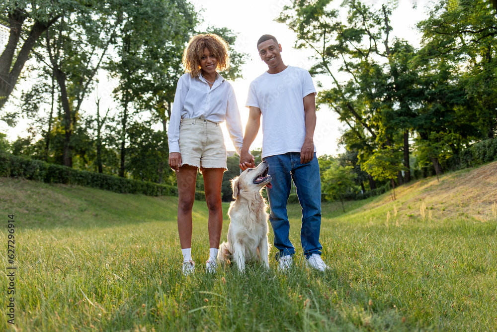 Obraz premium african american young couple in love walking with golden retriever dog in the park at sunset and holding hands