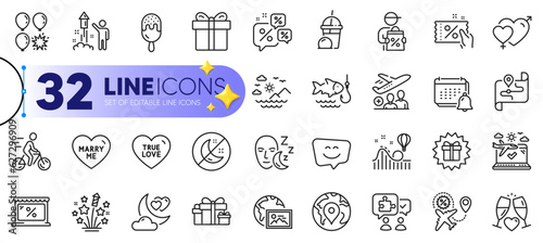 Outline set of Sea mountains, Airplane travel and Sleep line icons for web with Market, Fireworks, Marry me thin icon. True love, Fishing, Fireworks stars pictogram icon. Smile face. Vector