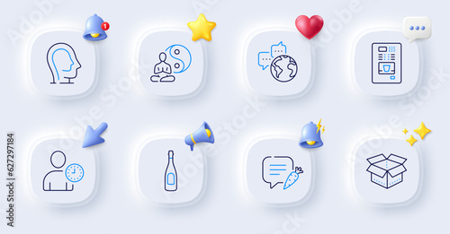 Coffee vending, Psychology and Champagne line icons. Buttons with 3d bell, chat speech, cursor. Pack of Chat bubble, Open box, Yoga icon. Time management, World communication pictogram. Vector