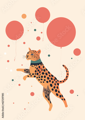Stylish vector illustration with cute jumping wild leopard and balloon card. Happy Birthday party, greeting card. For poster, card, banner, logo, typography.