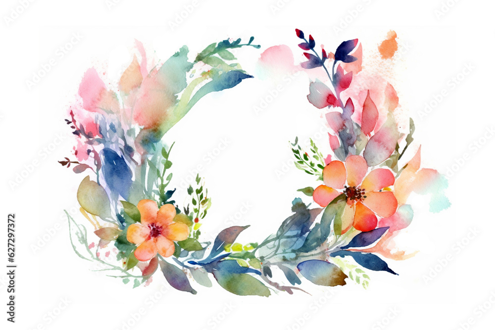 Watercolor Blooms. Decorative circular floral wreath frame border