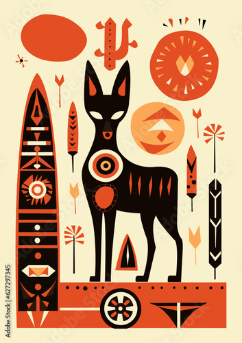 Abstract ethnic style vector illustration of black fox, trandy design, retro. Geometric form, unique style art. . For poster, card, banner, logo, typography.