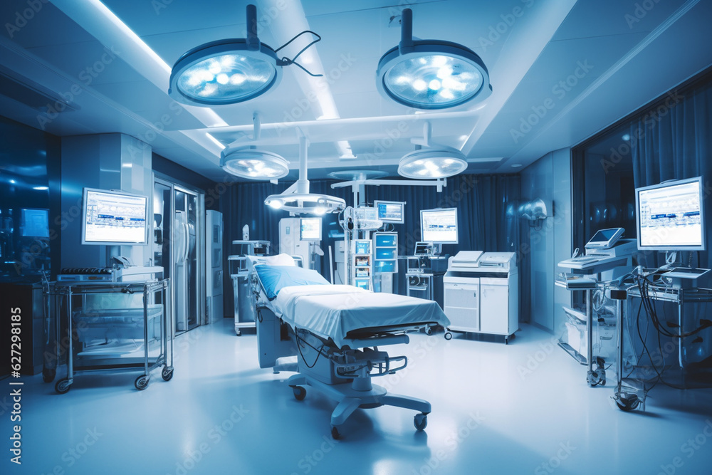 Empty operating room with patient lying under cover Generative AI