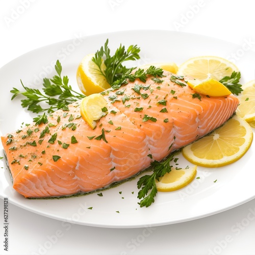 salmon steak with lemon and parsley