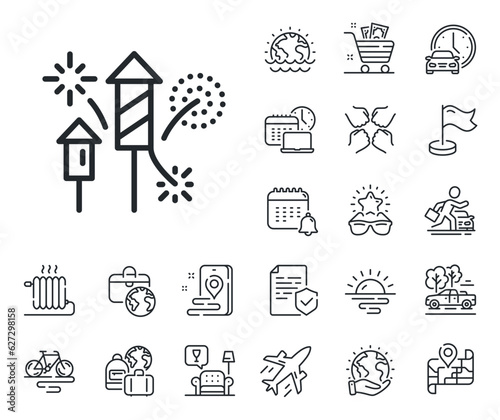 Pyrotechnic salute sign. Plane jet, travel map and baggage claim outline icons. Fireworks rocket line icon. Carnival celebration lights symbol. Fireworks rocket line sign. Vector