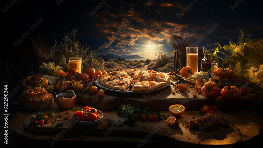 Pepperoni pizza with olives on a desert background. Sunset.