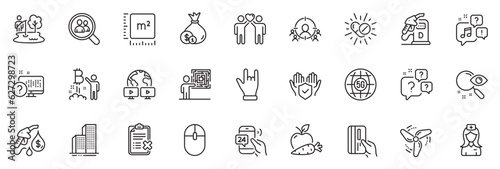 Icons pack as 5g internet  24h service and Computer mouse line icons for app include Square meter  Apple carrot  Question bubbles outline thin icon web set. Petrol station. Vector