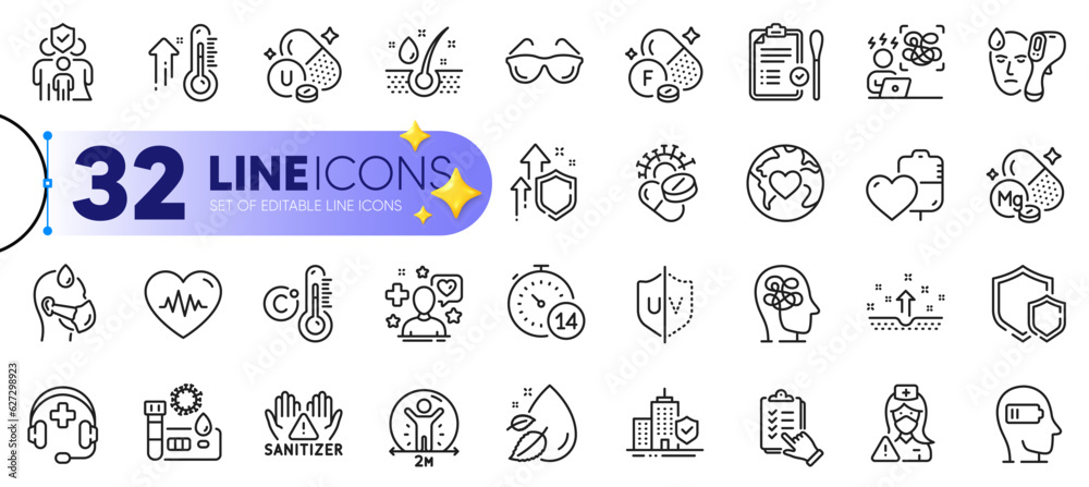 Outline set of Clean hands, Donation and Checklist line icons for web with Weariness, Shields, Stress thin icon. Apartment insurance, Vitamin u, Quarantine pictogram icon. Vector