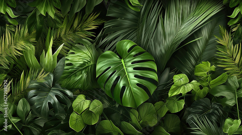 Green leaves background. Green tropical monstera leaves, palm leaves, coconut leaf, fern, palm leaf, banana leaf. Panoramic background. nature concept.