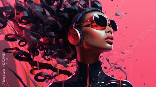  illustrationn of black cartoon girl in glossy headset experiencing virtual reality against shiny neon strip on pink backgroun photo