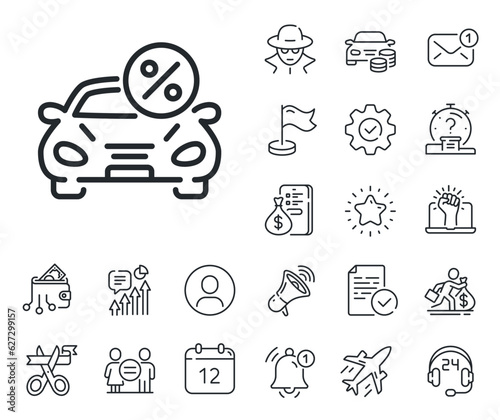 Transport loan sign. Salaryman, gender equality and alert bell outline icons. Car leasing percent line icon. Credit percentage symbol. Car leasing line sign. Spy or profile placeholder icon. Vector