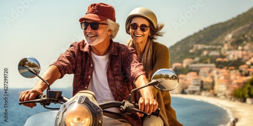 Retired happy couple on a scooter in a Mediterranean country on a vacation. Pension and insurance plan . High quality image. Generative AI.