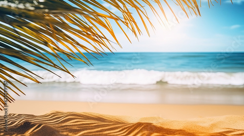 Beautiful background for summer vacation and travel. Golden sand of tropical beach, blurry palm leaves and sea on sunny day. Generative Ai © Nakron