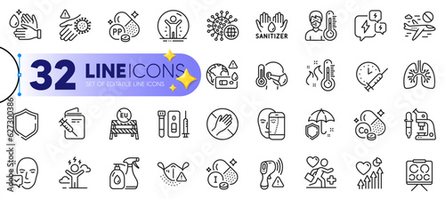 Outline set of Shield, Coronavirus and Medical mask line icons for web with Covid test, Thermometer, Difficult stress thin icon. Hand sanitizer, Vaccination passport. Vector