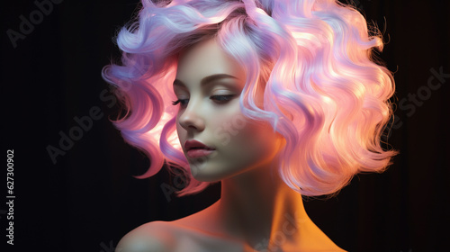 Portrait of a young woman with pink fluorescent hair against black background.
