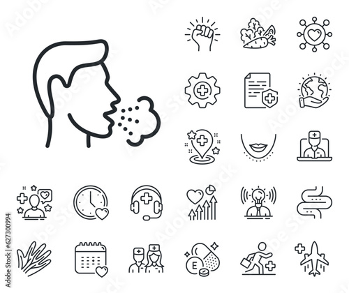 Coronavirus symptom sign. Online doctor, patient and medicine outline icons. Cough line icon. Flu, sneeze or pneumonie symbol. Cough line sign. Veins, nerves and cosmetic procedure icon. Vector